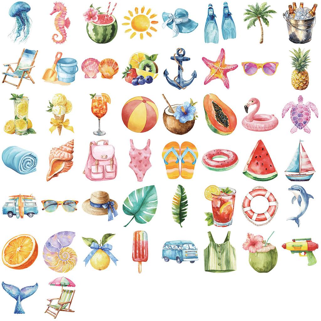 50-Piece Transparent Cartoon Watercolor Summer Sticker Pack - Waterproof Clear PET Decor for Hand Accounts, Guitars & Notebooks