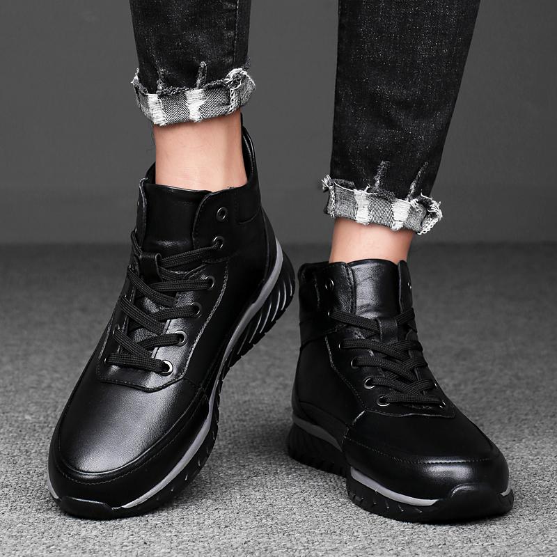 Fashion Mens Fashion Sneakers Genuine Leather Male Basic Boots Handmade Men's Low Top Casual Shoes Lace-Up Men Winter Plush Snow Boots