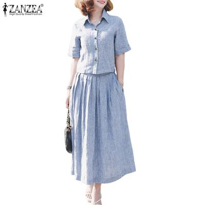 Women Short Sleeve Blouse and Skirts Summer Stripe Two Piece Suit Sets