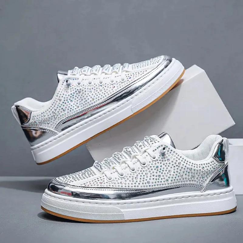 

Мужские кроссовки со стразами для отдыха, весна-осень, модные, нескользящие, удобные, плоские, с толстой подошвой, с круглым носком, для ходьбы 39 белый