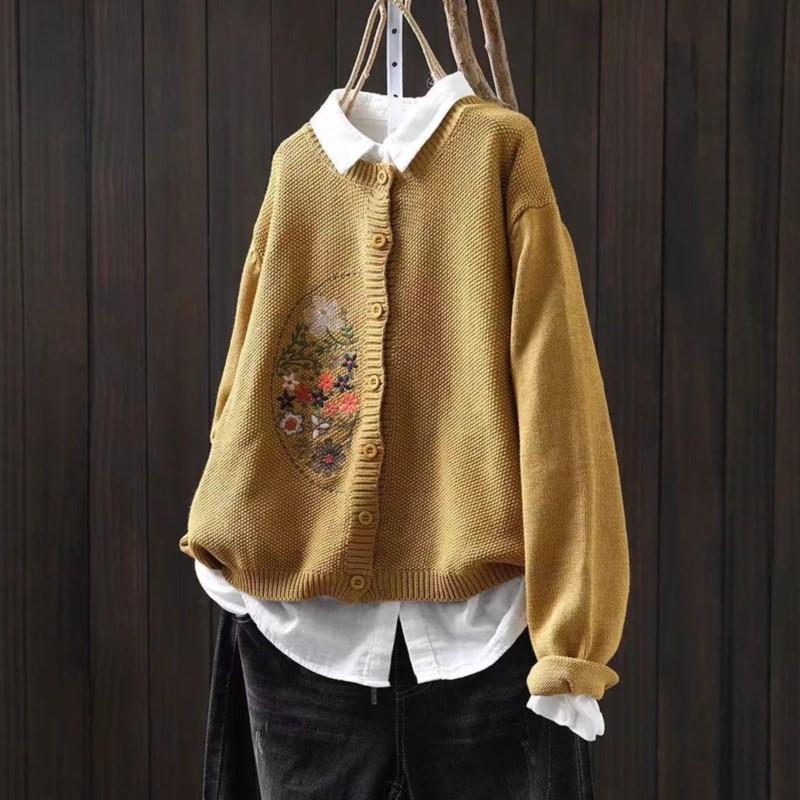 Johnature Women Vintage Embroidery Floral Sweaters O-Neck Long Sleeve Solid Color Button Knitted Autumn Sweaters