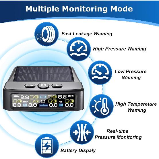 RV Tire Pressure Monitoring System -TPMS Tire Pressure Monitor With 6 Sensors,M12-3 TPMS Solar Charge & USB Color LCD Display, 0-9.9BAR/144PSI Range,