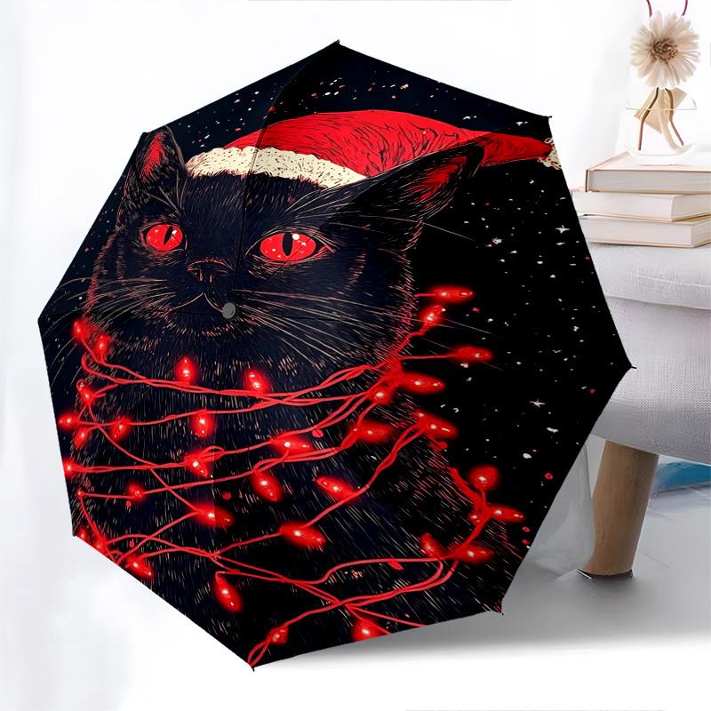 

1pc Christmas Cat with Santa Hat & Red Lights Automatic Opening/Closing Umbrella, Portable 3-Fold Design, 8-Bone Iron Frame Outdoor Umbrella, Festive