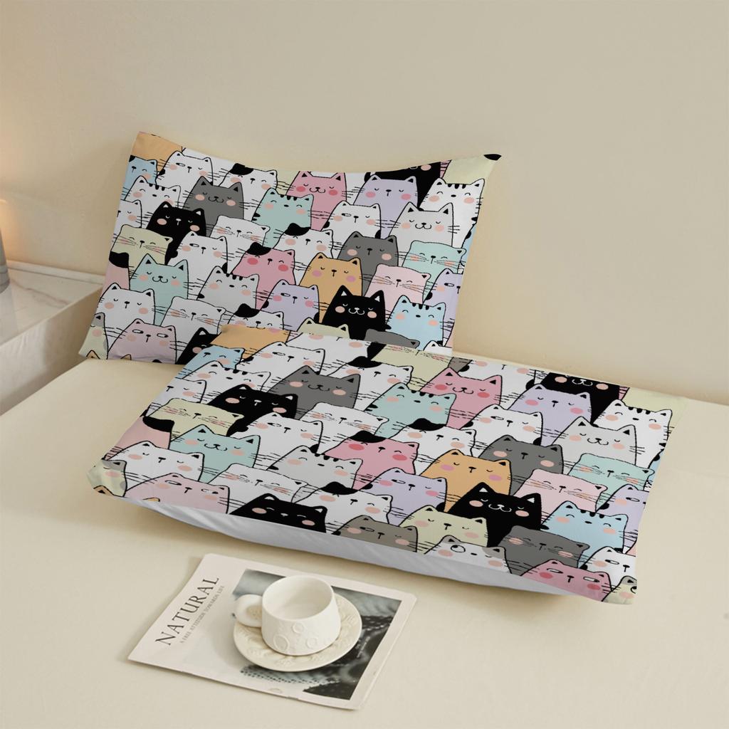 3pcs Fitted Sheet Set Cute Cat Pattern Print Design Bed Sheet Easy Care Anti-Slip With Pillowcases For Bedroom Decor