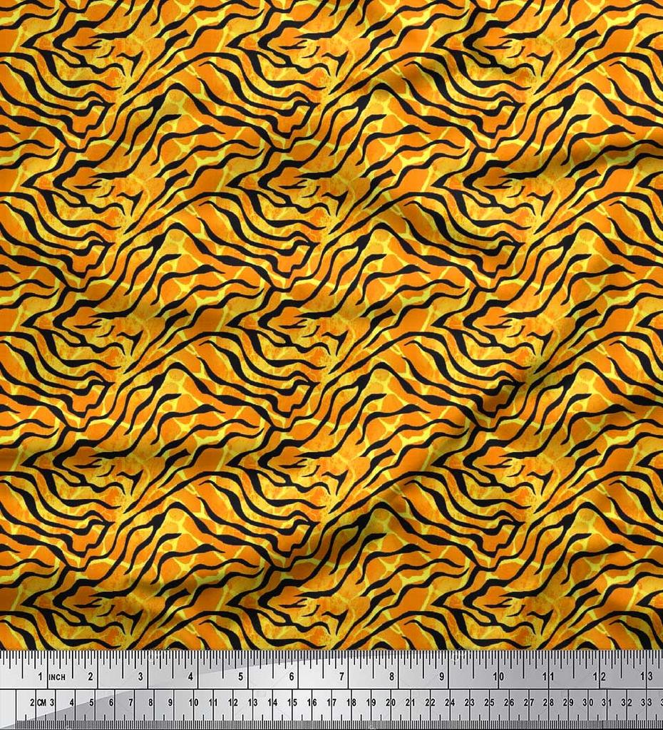 Soimoi Orange Poly Crepe Fabric Tiger & Ziraffe Animal Skin Printed Fabric 1 metre 42 Inch