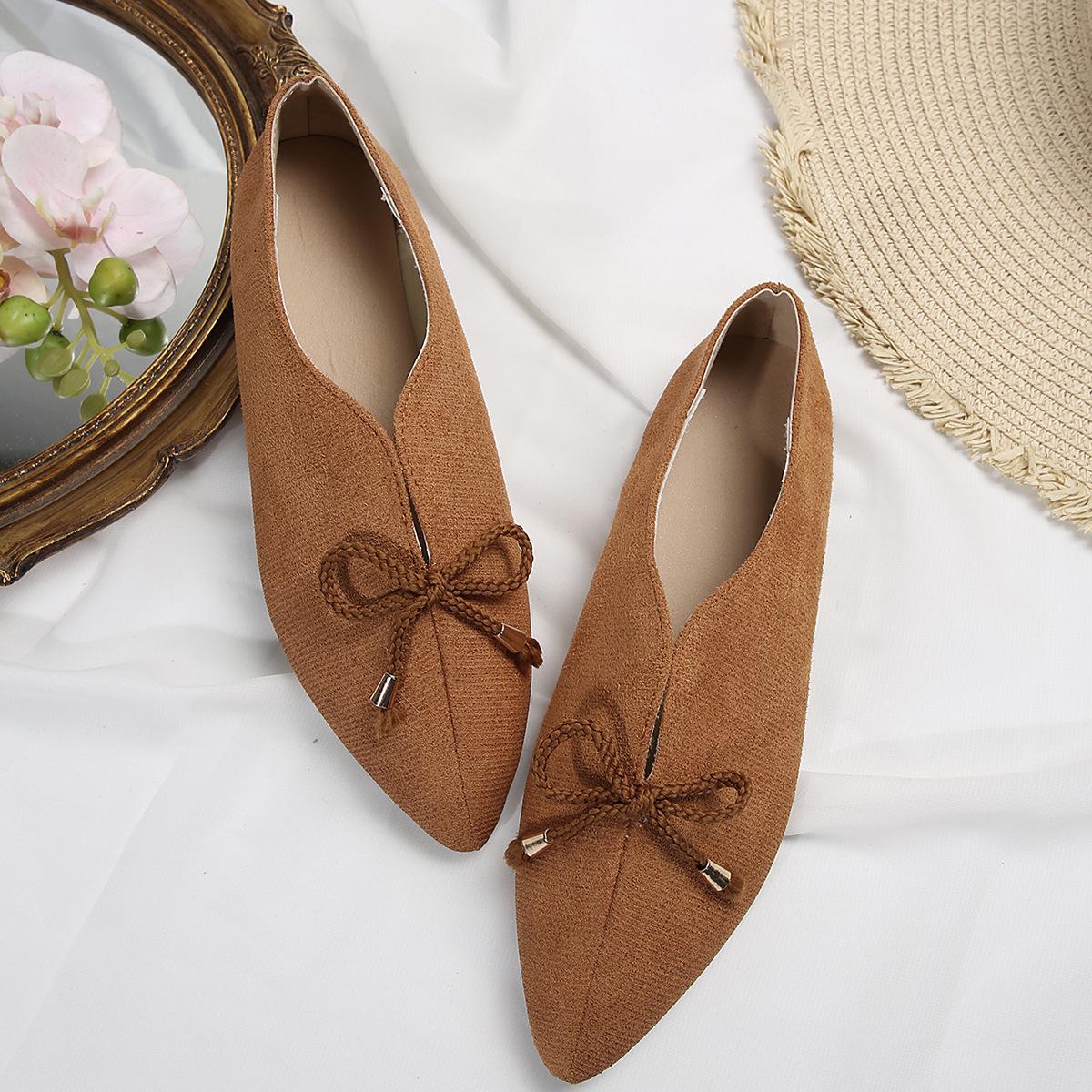 European and American large-size temperament single shoes pointed flat-bottomed bows decorative flat-bottomed single shoes comfortable and trendy 36 коричневый
