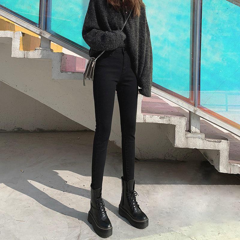 Women's Black High-Waist Slim Fit Elastic Pencil Jeans - 2022 Spring Collection