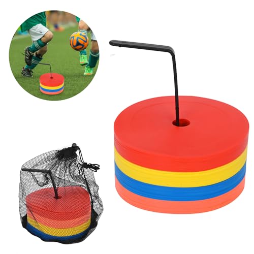 aleawol Flat Marker Set of 32 (4 Colors) - Ideal for Soccer, Futsal, Flat Cones, Spot Markers, and Includes Stand and Storage Bag.