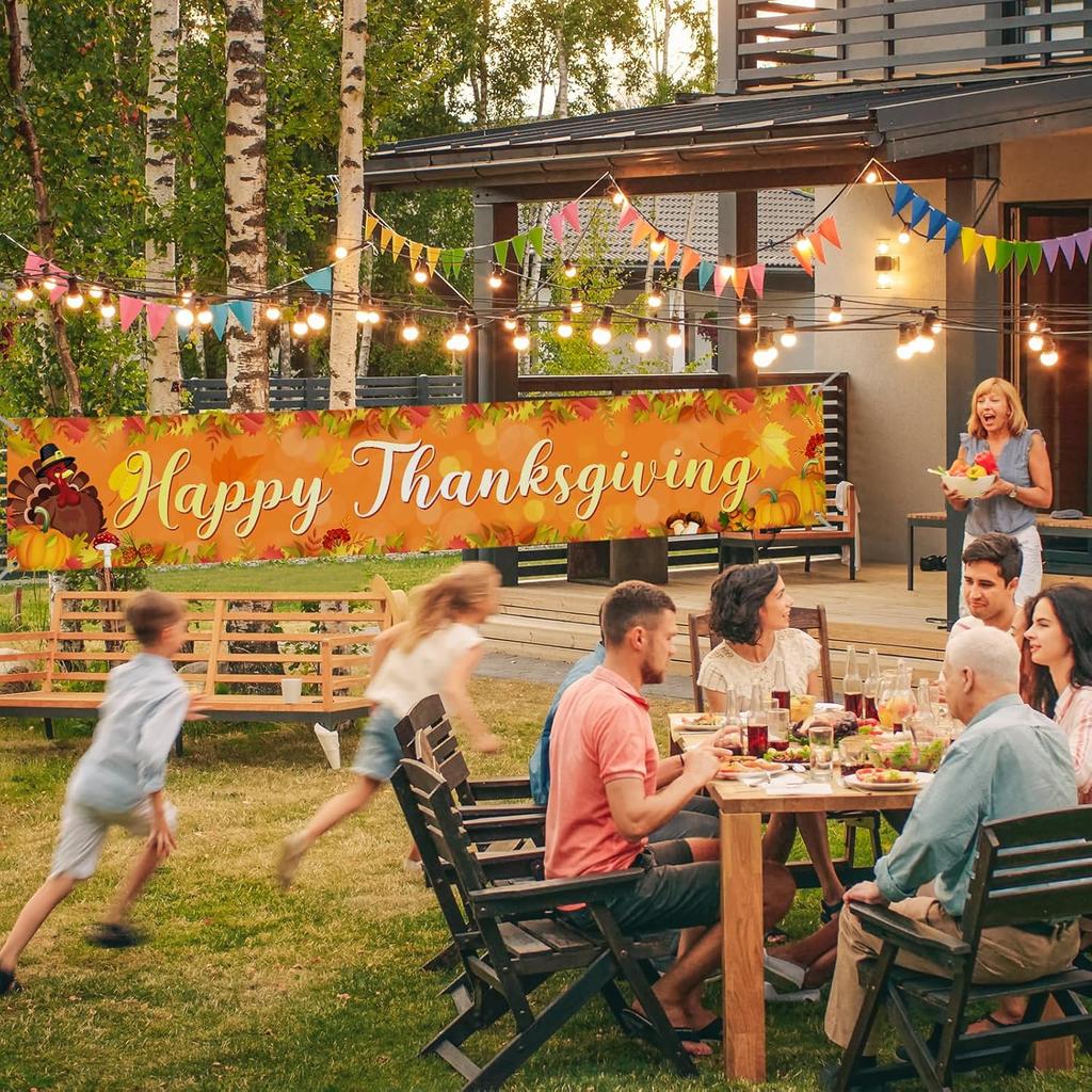 Large Thanksgiving Banner Decorations Outdoor 120x20 Inch,Turkey Maple Leaf Pumpkin Decorations Happy Thanksgiving Yard Banner for Indoor Home House
