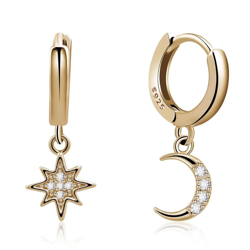 Silver Moon and Star Earrings Huggie Hoop Earrings 925 Sterling Silver Hoop Earrings Handmade Dangle Earring for Women Girls золотой