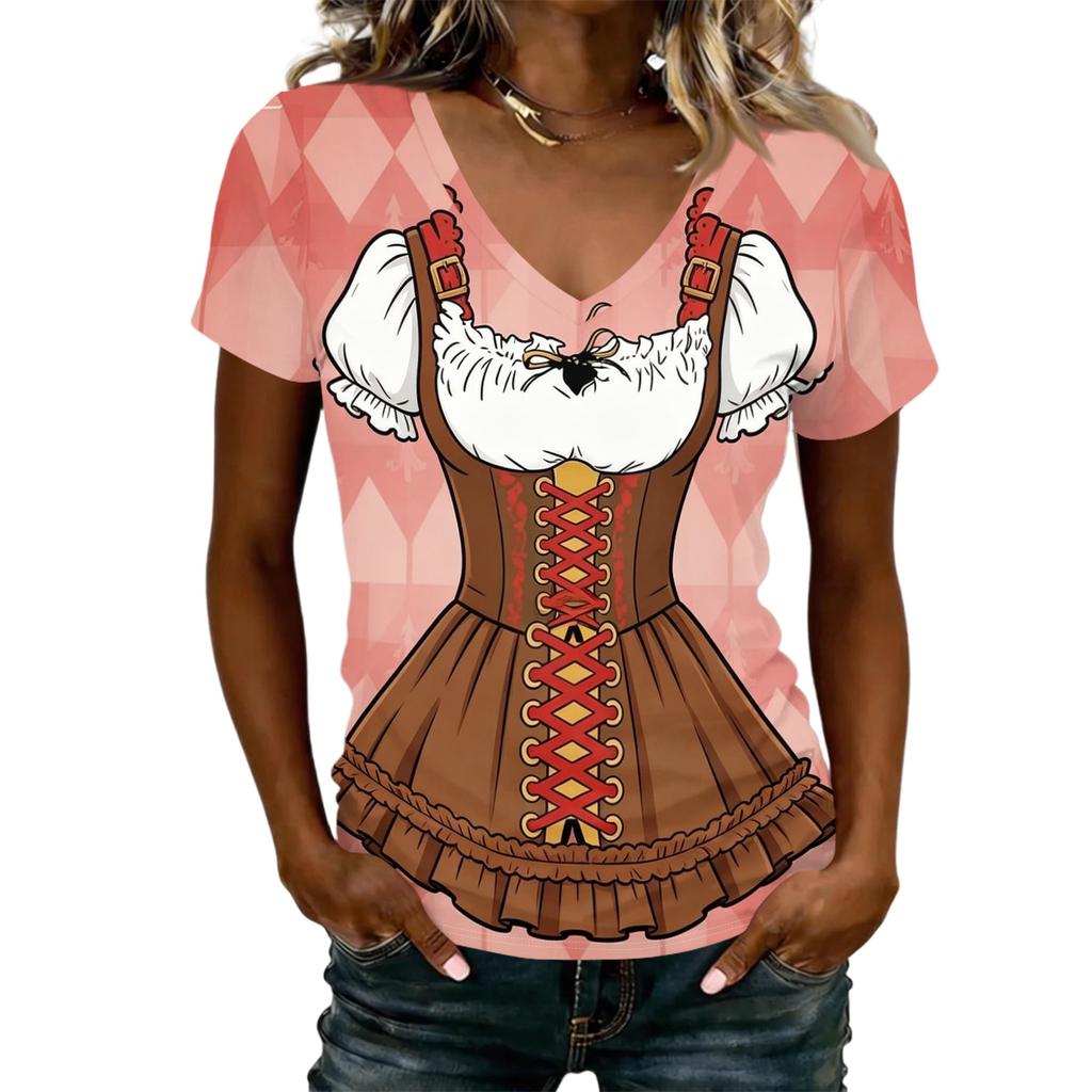 Damska Codzienna Koszulka z Dekoltem V i Krótkim Rękawem z Nadrukiem Oktoberfest Top Lekki Wygodny Krój Miękki Materiał