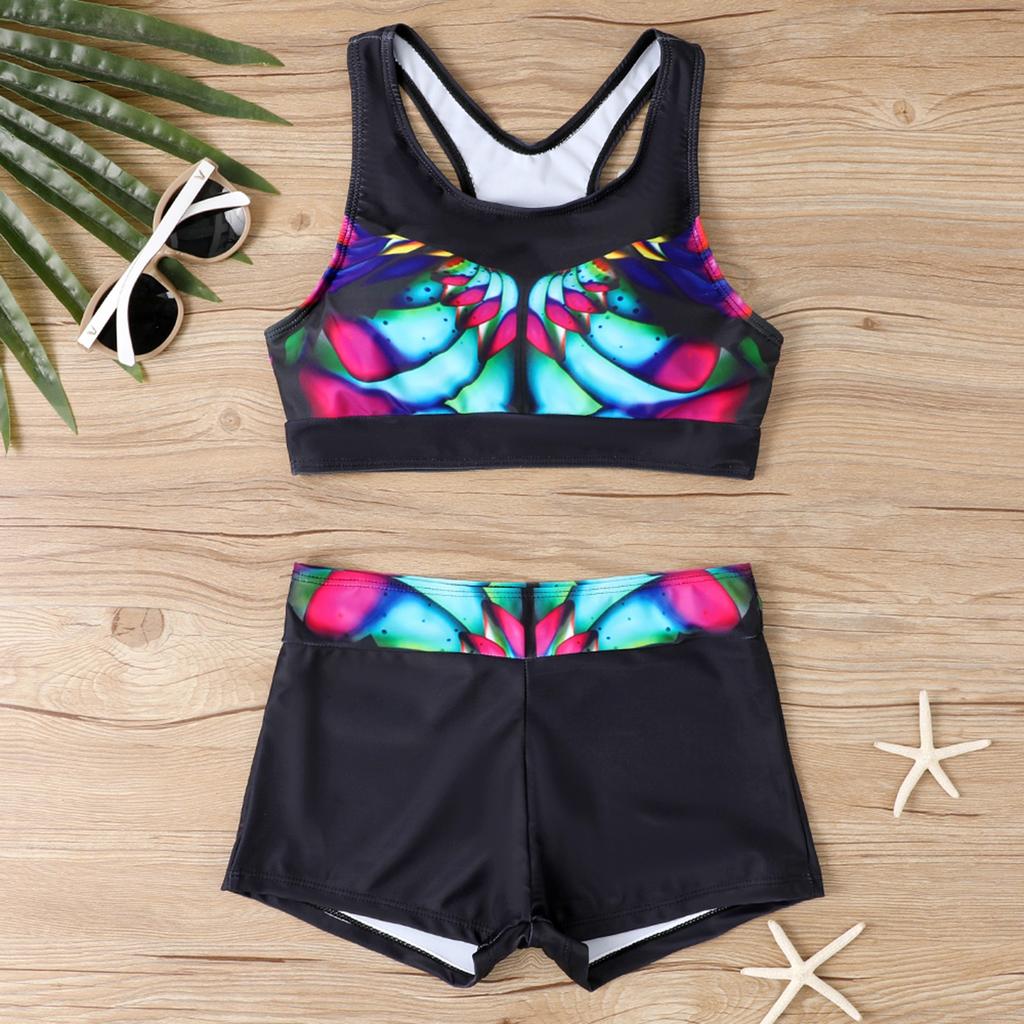 Two Piece Women Swimsuit Tankini Top with Padded Cups Wireless Support Swim Shorts Set Printed Design Comfortable Fit