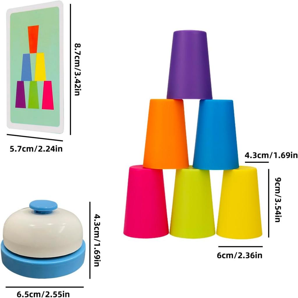 12 Cups Stacking Tower Game Set with 54 Cards 1 Bell - Color Sorting Cognitive Training Tabletop Interactive Toy for Puzzle Comp