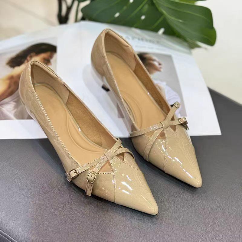 Fashion French Mary Jane Pointed Toe Soft Leather Stiletto Heel Soft Sole Cat Heel Women's All-match Single Shoes