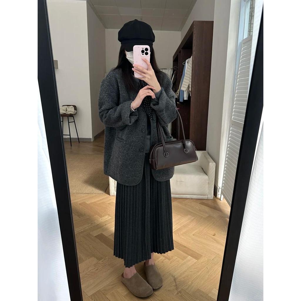 Elegant Korean Imitation Cashmere A-line Pleated Midi Skirt for Women - Autumn/Winter 2025 Slimming Drape Style