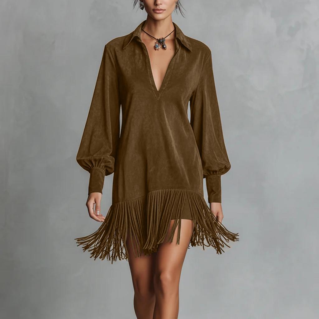 Women's Long Sleeved Casual Retro Loose V-Neck Suede Tassel Dress