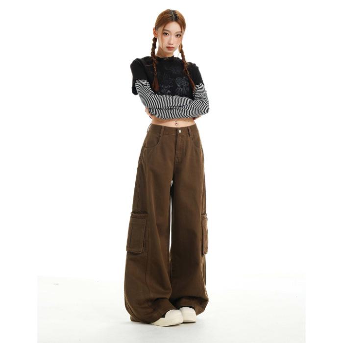 Women's Army Green Loose Cargo Jeans - Spring Style, Slim Fit, Wide Leg, Large Pockets