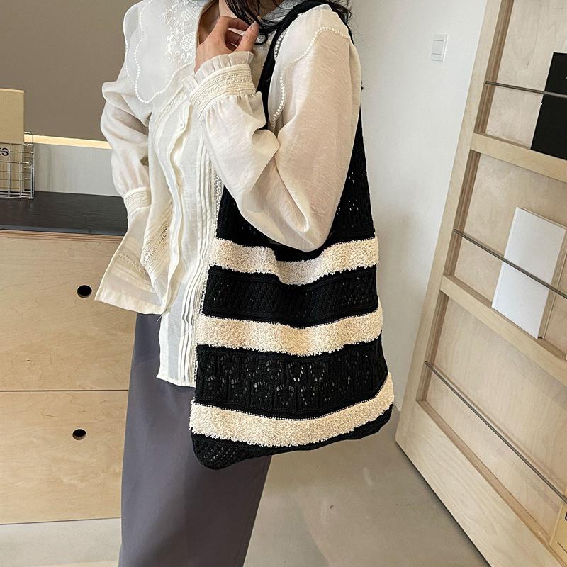 Yogodlns Модная винтажная полосатая вязаная сумка-тоут с цветными блоками — фото 7