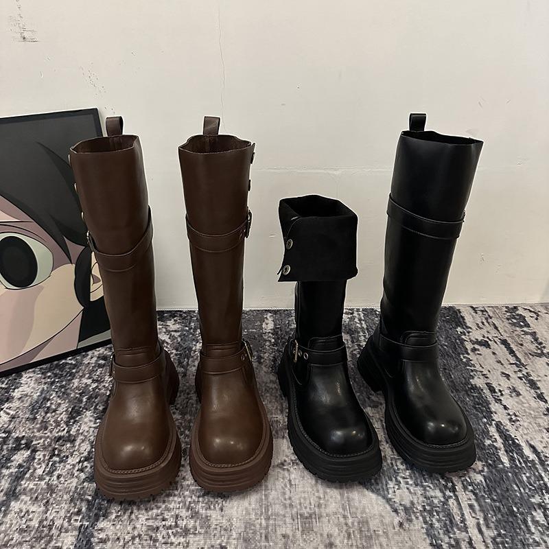Cowhide version of Maillard boots, women's two wear lapel boots, thick soles increase height, western slim knight boots, Martin boots