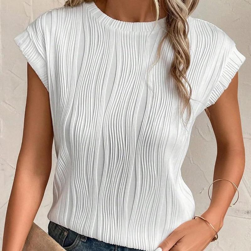 Fashion Tops Women Round Neck Pleated Slim Fit Summer T-shirt Short Flying Sleeve Blouse Women Solid Color Office Lady Tee Shirt 24135