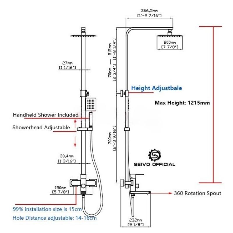 Bathroom High Pressure Rain Shower System 12" Large Shower Head Rainfall Mixer Stainless Steel Shower Set
