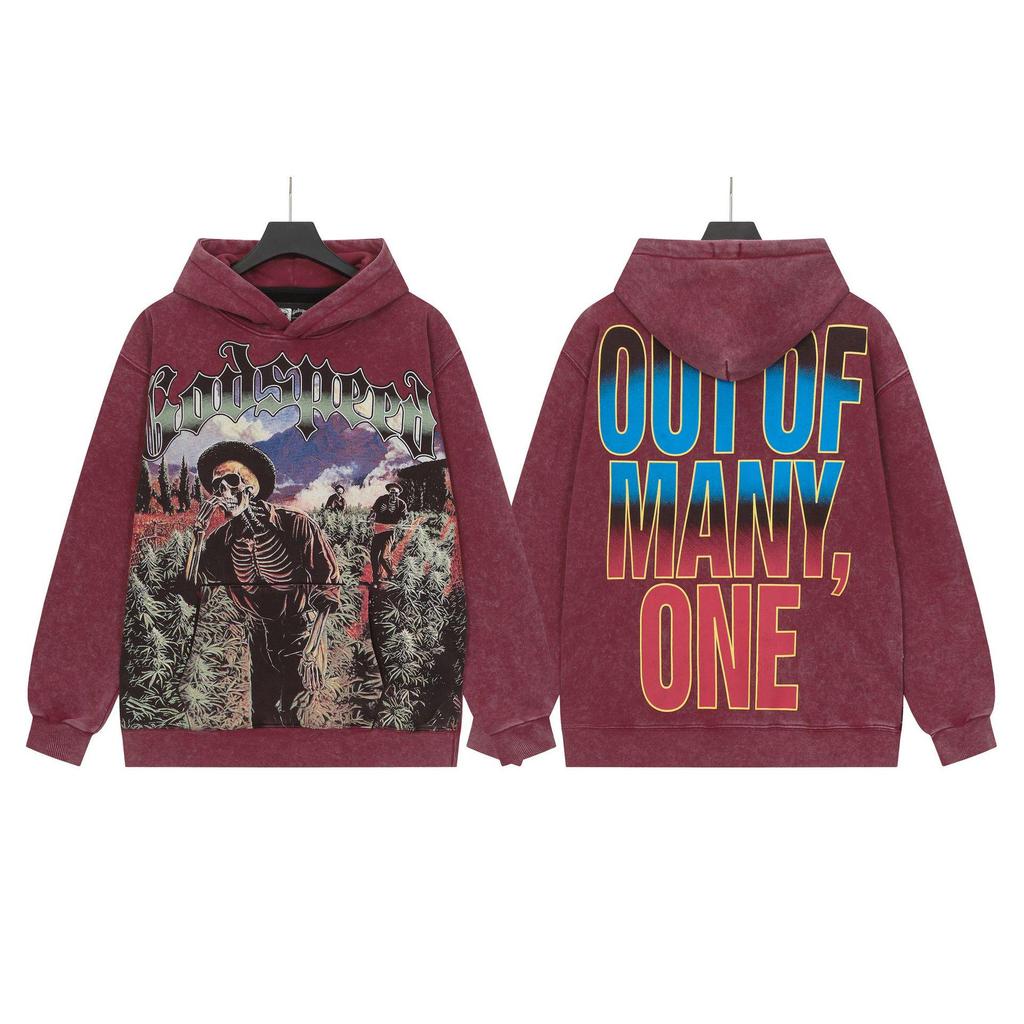 God Bless America Retro Rock Street Print Washed Hoodie - Casual Loose Fit