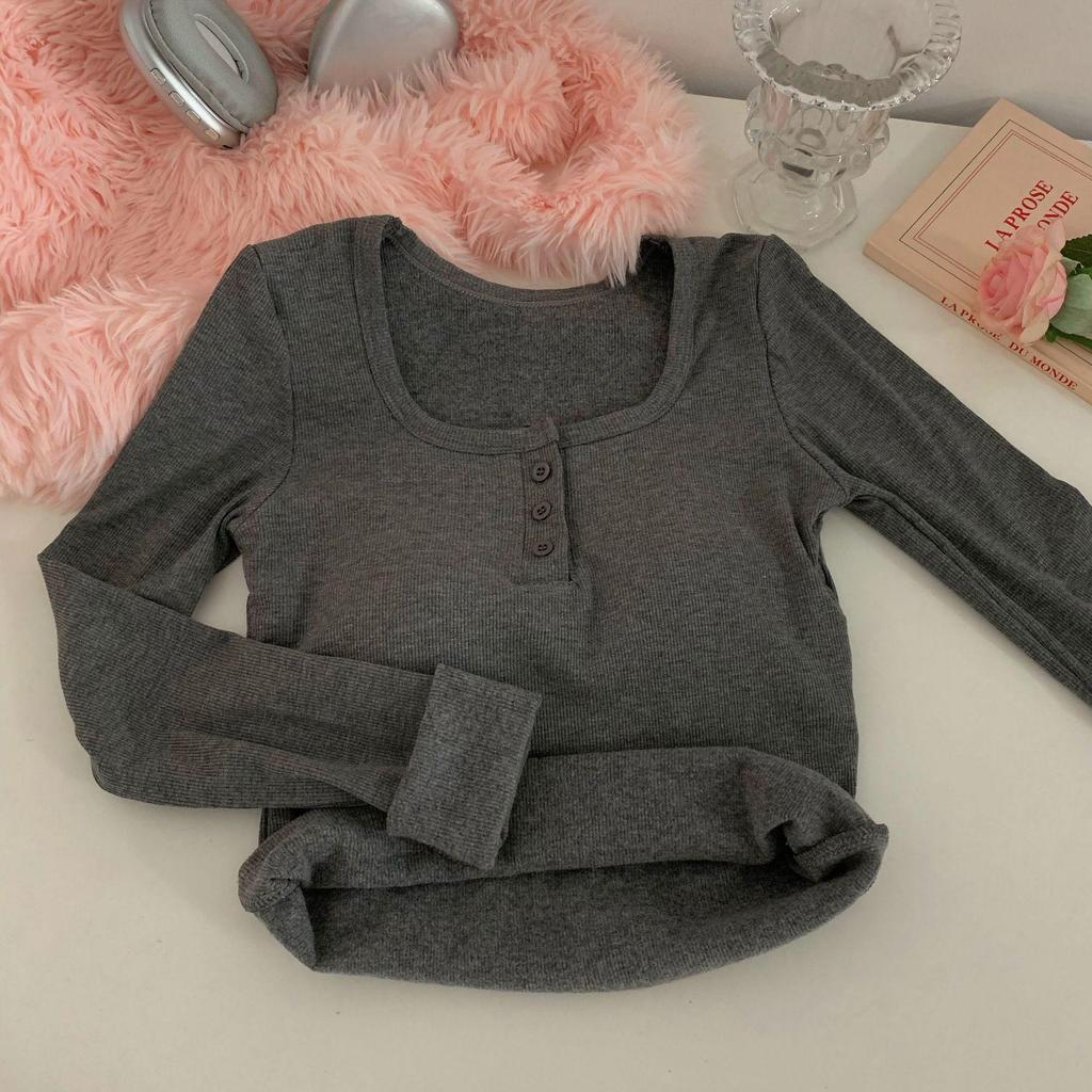 Women's Slim Fit Square Collar Long-Sleeved T-Shirt with Chest Pads for Autumn and Winter