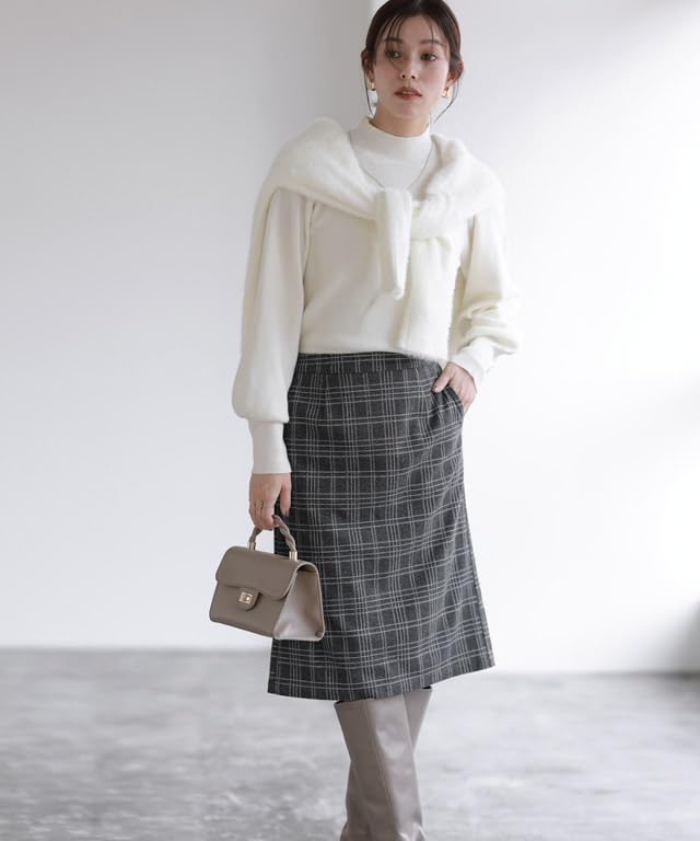 Pierrot Brushed Stretch Size Check Pattern Cashmere-Touch I-Line Skirt, Fabric, Waist, Below-the-Knee Length, Women's, M,