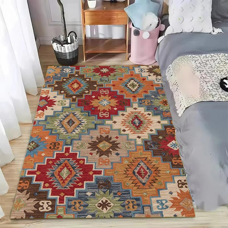 Kolorowy Etniczny Geometryczny Kwadratowy Wzór Dywanik Obszarowy Tradycyjny Styl Boho Antypoślizgowa Mata Podłogowa do Salonów Wystrój Domu