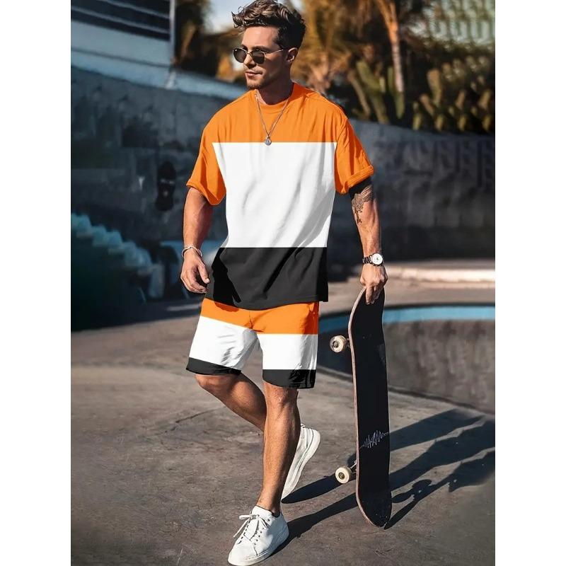 Men's Fashion Suit Harajuku Style Short-sleeved T-shirt + Shorts Two-piece Set Men's Trendy Sportswear Plus Size Casual Menswear