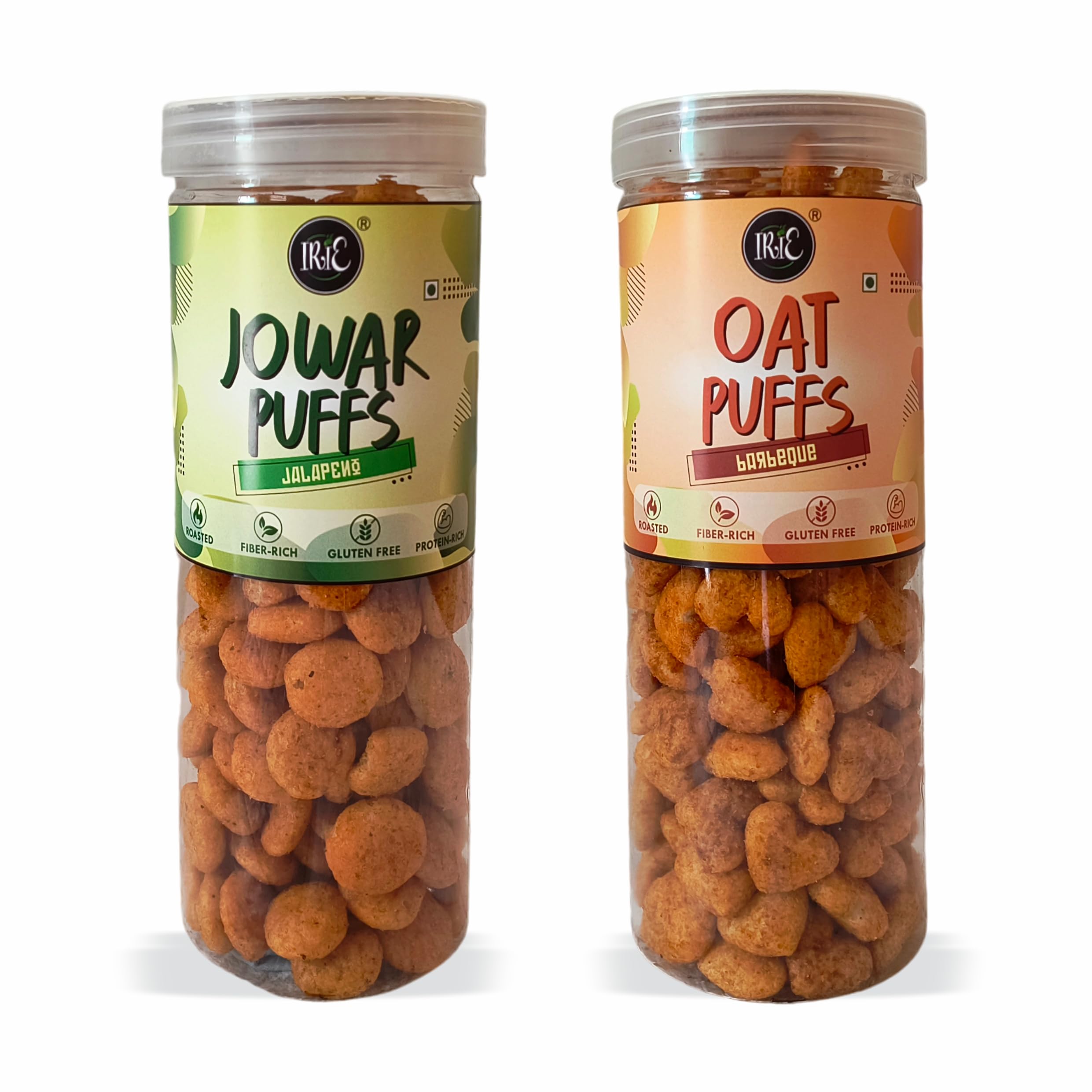 

IRIE Roasted Jowar Puffs Jalapeño (90g) & Oats Puffs Barbeque (100g) - High-Fiber, High-Protein, Gluten-Free Supergrain Millet Snack - Pack of 2