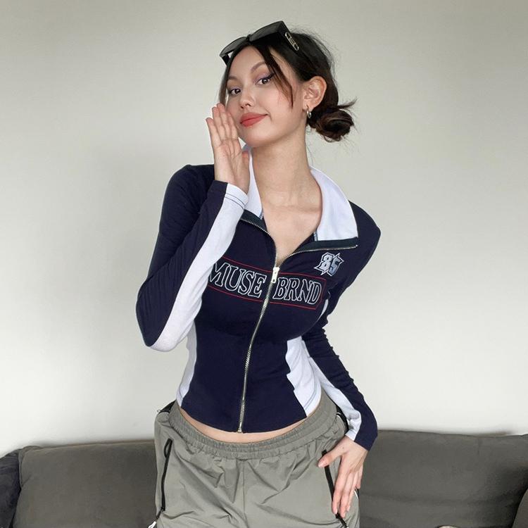 American retro casual style contrasting letter printed zipper jacket for women, slim versatile short top for women Cardigan coat