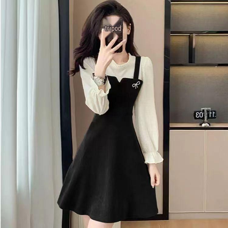 

Plus Size Corduroy Two-Piece Dress - Spring/Autumn Fashion, Versatile French Waist-Cinched Mid-Length Skirt M for 40-50 kg