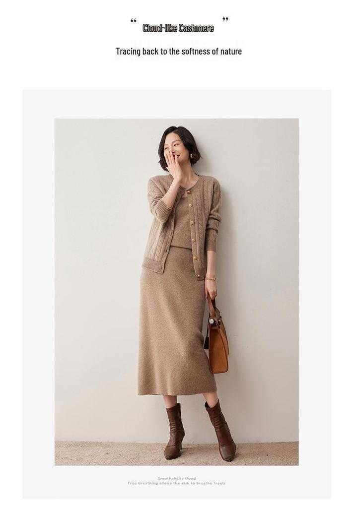 Women's Loose Fit Cashmere Cable Knit Cardigan - Long Sleeve, Round Neck, Autumn/Winter 2024 Collection