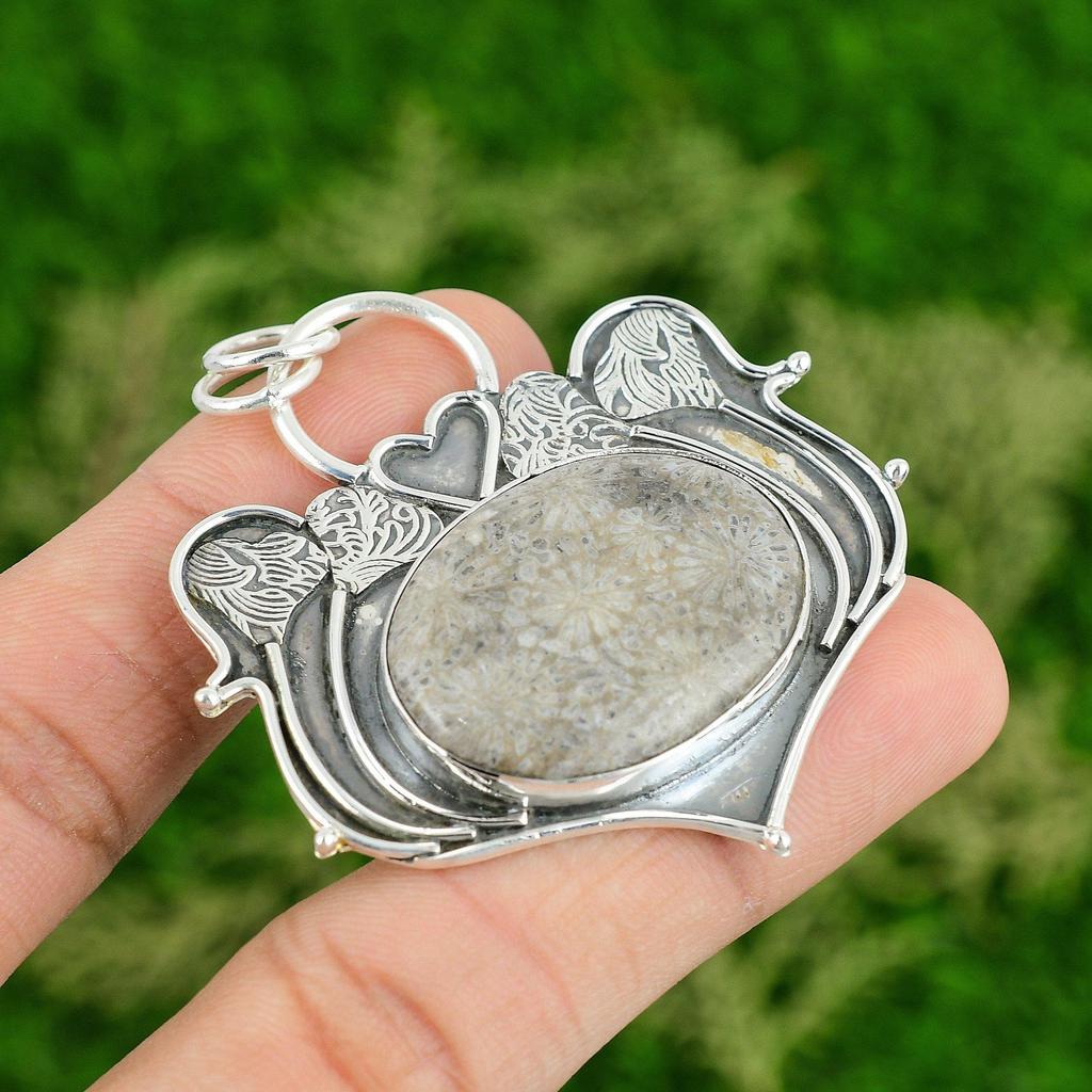 Daughters Day Sale 925 Sterling Silver Root Chakra Fossil Coral Stone Pendant
