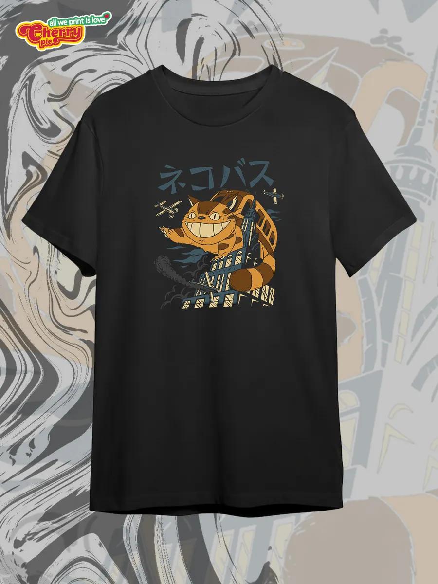 Black T-shirt with samurai cat print XL