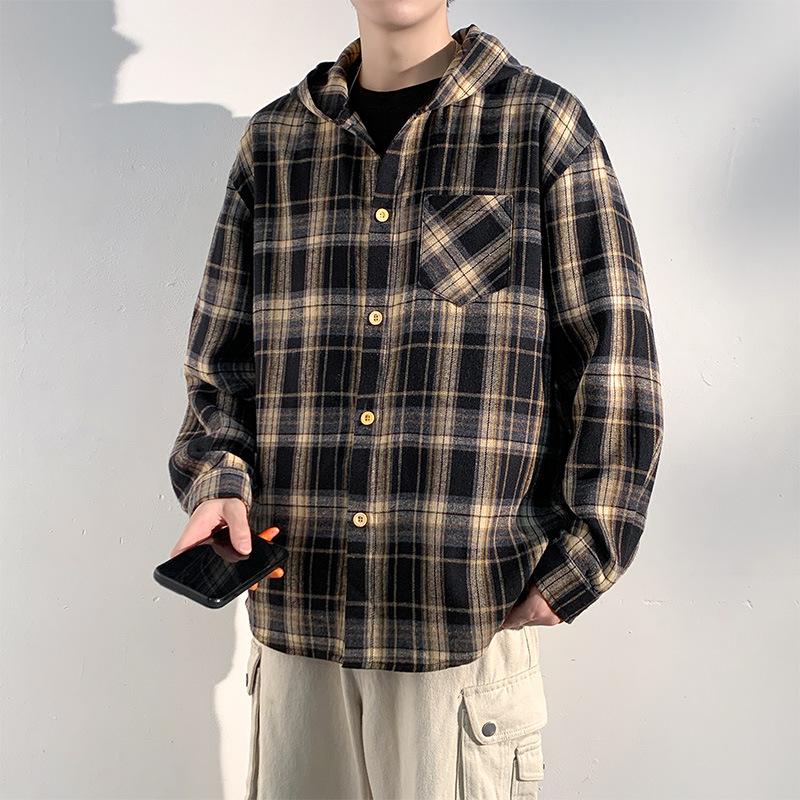 

Autumn Hooded Shirt Jacket Retro Checkered All-Match Men s Student Trendy Fashion Casual Cardigan Jacket Top 3XL чёрный