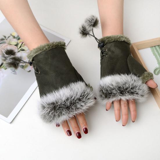 Women Fingerless Gloves Winter Suede Faux Fur Gloves Warm Fuzzy Half Finger Mittens for Women Girls Teens Writing Typing