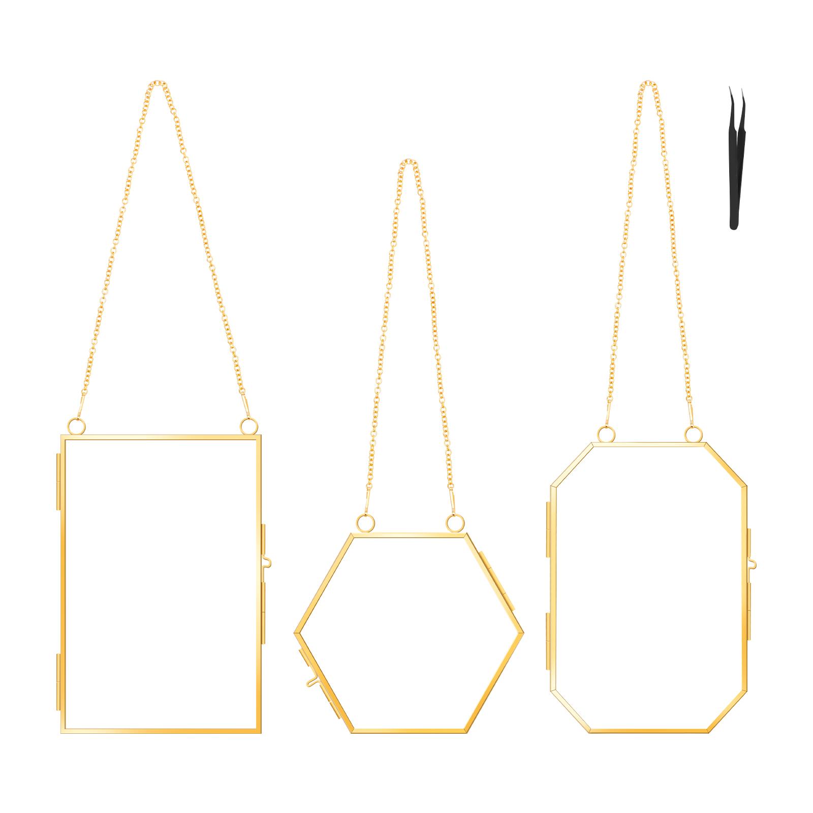 3 шт. тисненые цветочные рамки с пинцетом подвесная стеклянная рамка с металлической цепочкой золотая двухслойная стеклянная рамка элегантно подвешивается