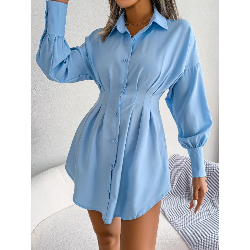 

Women s Casual Shirt Dress Spring Summer Lantern Long Sleeve Waist Cinched Asymmetric Hem Button Down Turn Down Collar Mini Dress S