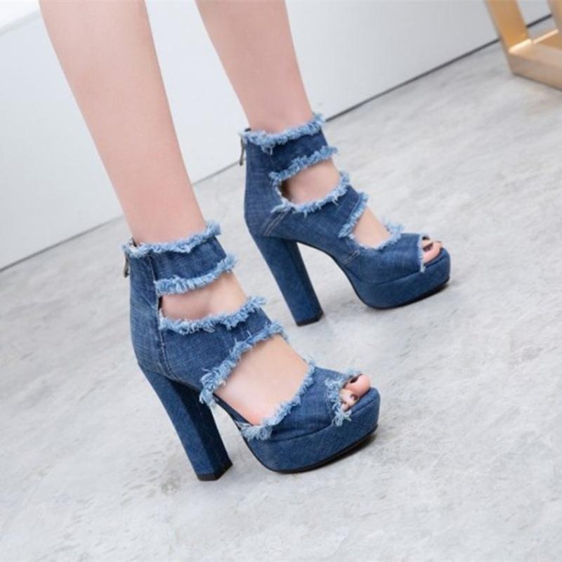 Open Toe Denim Women's Sandals Ankle Strap Stiletto Peep Toe Cutout Zipper High Heels Sandals Casual Daily Shoes Plus Size 43