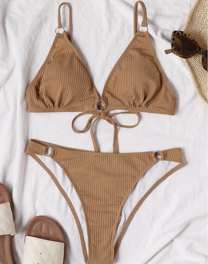 Women's Swimsuit Solid Color Pit Strip Triangle V Neck Sexy Back Tie Bikini Beachwear Bathing Suits