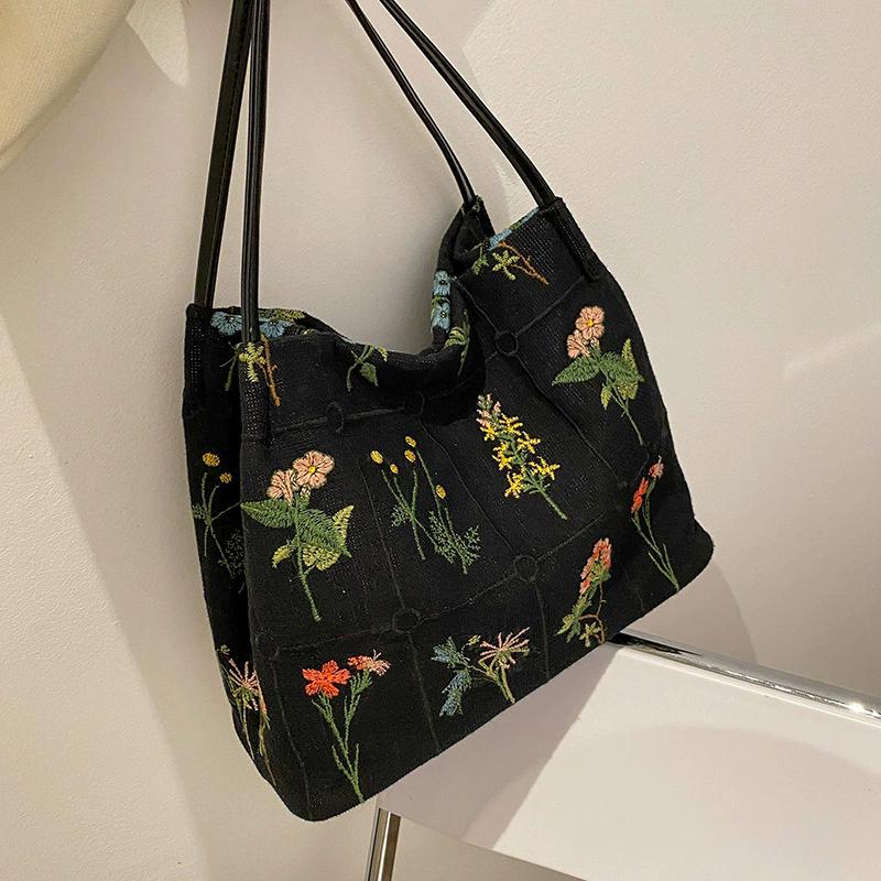Women's Random Floral Embroidered Canvas Shoulder Bag Fashion Large Capacity Tote Bag for Shopping & Daily Use