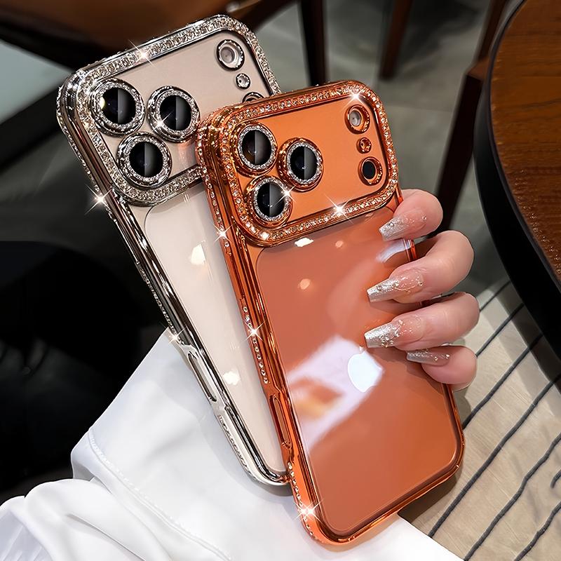 Luxury Bling Crystal Lens Film Phone Case for 11 12 13 14 15 16 17 ProMax Plus Air Clear Shockproof Silicone Bumper Cover