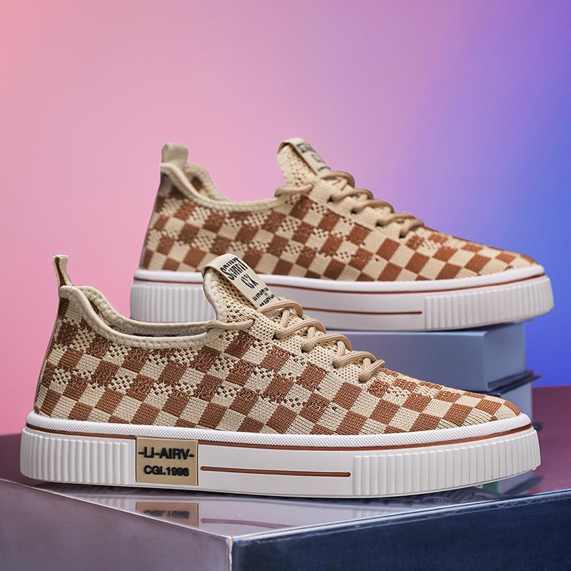 Spring New Men's Fashion All-match Breathable Flying Mesh Surface Sports Casual Plaid Board Shoes Anti-slip Wear