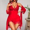 Sexy Lace Pajama Set for Women Babydoll Chemise Nightgown And Kimono Robe Set with Thong 3 Piece Sheer Mesh Sleepwear