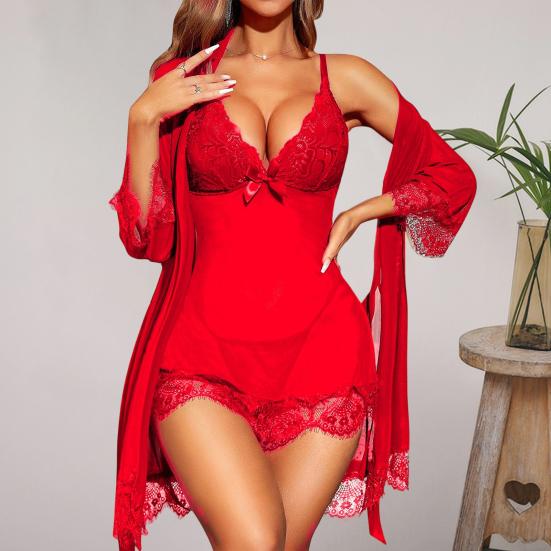 Sexy Lace Pajama Set for Women Babydoll Chemise Nightgown And Kimono Robe Set with Thong 3 Piece Sheer Mesh Sleepwear