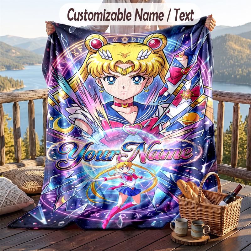 Personalized Flannel Throw Blanket,Sailor Moon Custom Printed Name, Cozy Plush Blanket For Home Use