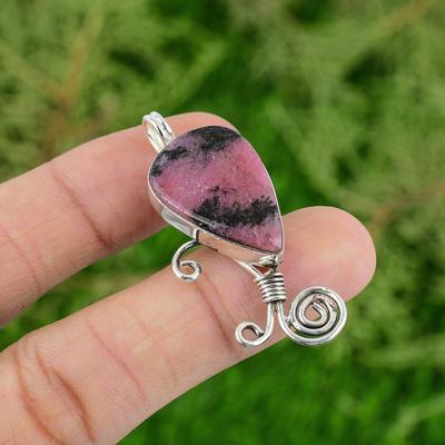 Thanks Giving Day Deal Pear Natural Rhodonite 925 Silver Bezel Wedding Pendant