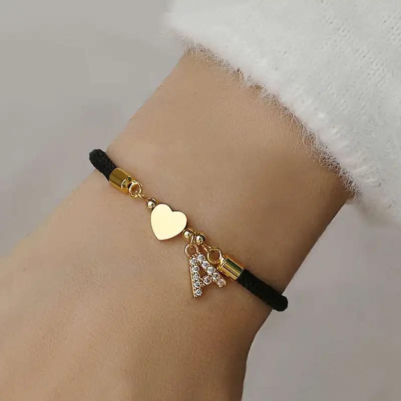Classic A-Z Initial Heart Bracelet with Zircon on Adjustable Black Cord